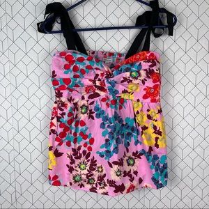 Peter Som for Anthropologie Bright Floral Top Elastic Shirred Back Ribbon Tie